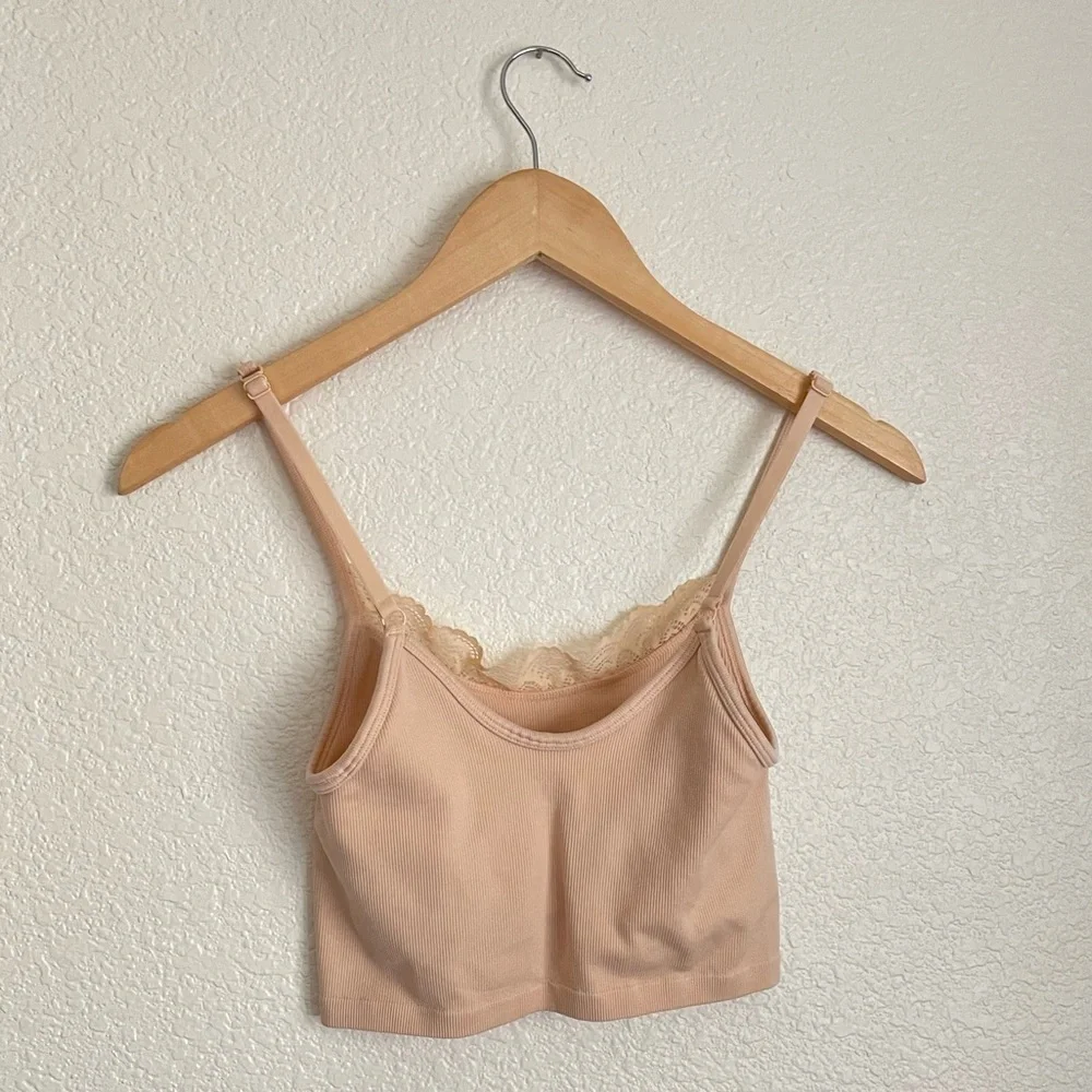Aerie Seamless Lace Trim Longline Bralette XS Light Pink